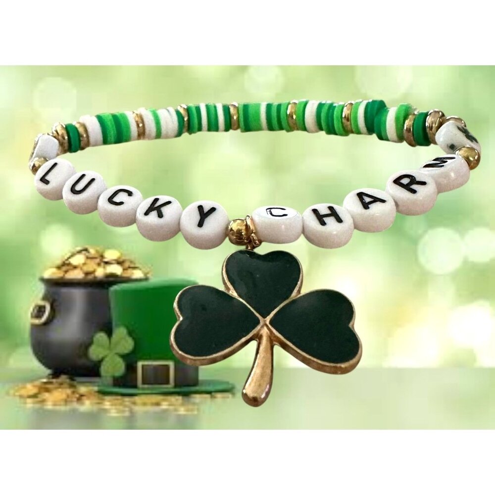 St Patricks Day Bracelet New Beaded Shamrock Lucky Charm New Festive Par…
